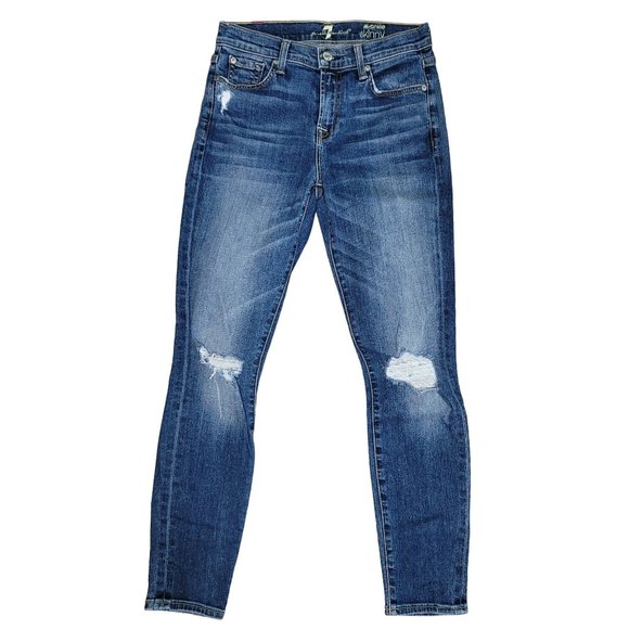 7 for all mankind the ankle skinny distressed denim blue jeans high rise size 26 - Picture 2 of 9